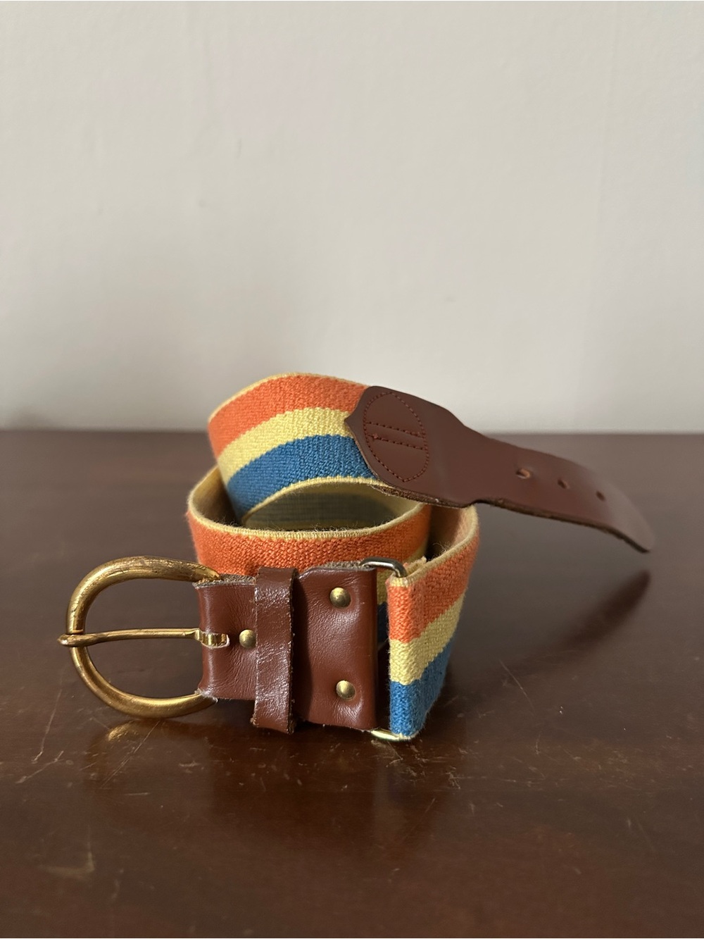 Vintage Multi-Stripe Stretch Canvas Belt with Brown Leather and Gold Buckle